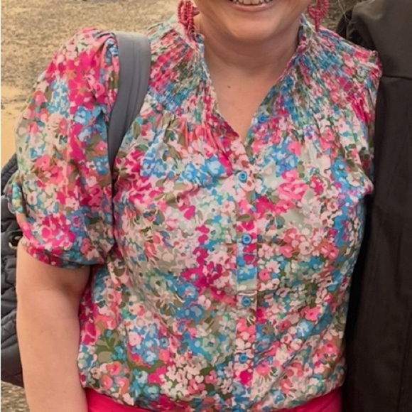 SUGARLIPS Avery Blossom Floral Smocked Mock Neck Top in Dusty Pink Size Small - Picture 7 of 12